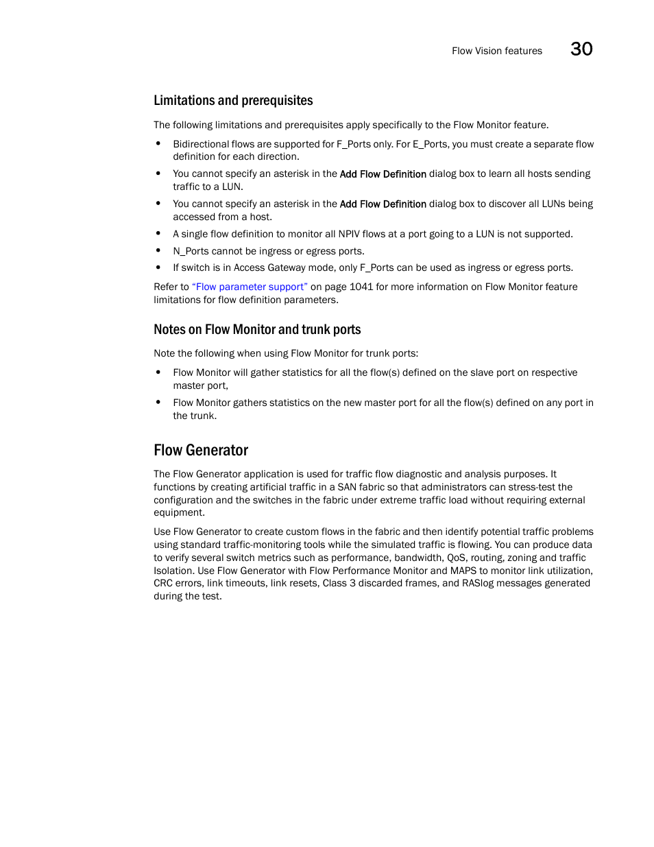 Limitations and prerequisites, Notes on flow monitor and trunk ports, Flow generator | Flow generator 7 | Brocade Network Advisor SAN User Manual v12.1.0 User Manual | Page 1084 / 1690
