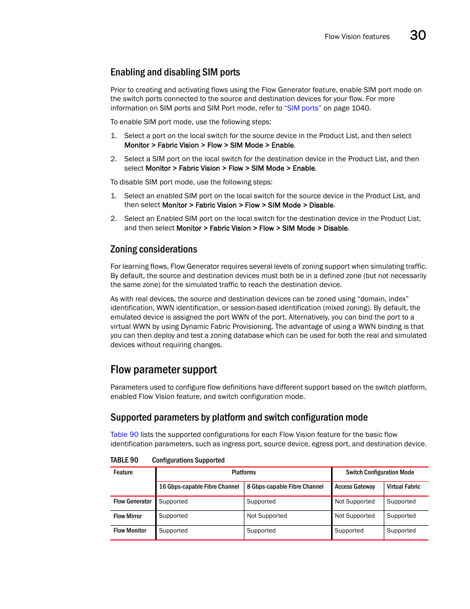 Enabling and disabling sim ports, Zoning considerations, Flow parameter support | Eps under | Brocade Network Advisor SAN User Manual v12.1.0 User Manual | Page 1088 / 1690