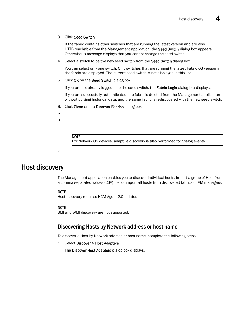 Host discovery, Discovering hosts by network address or host name | Brocade Network Advisor SAN User Manual v12.1.0 User Manual | Page 109 / 1690