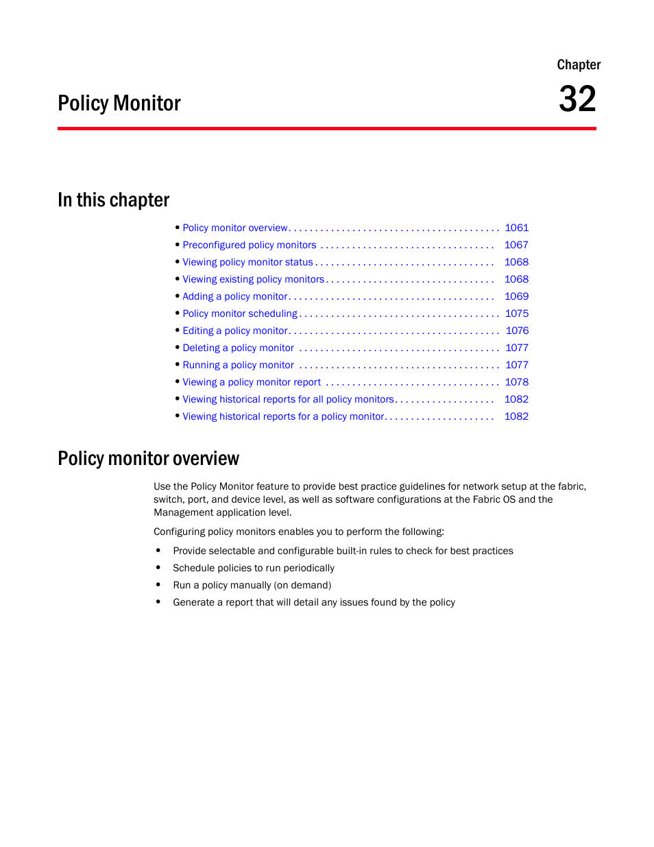 Policy monitor, Policy monitor overview, Chapter 32 | Chapter 32, “policy monitor | Brocade Network Advisor SAN User Manual v12.1.0 User Manual | Page 1108 / 1690