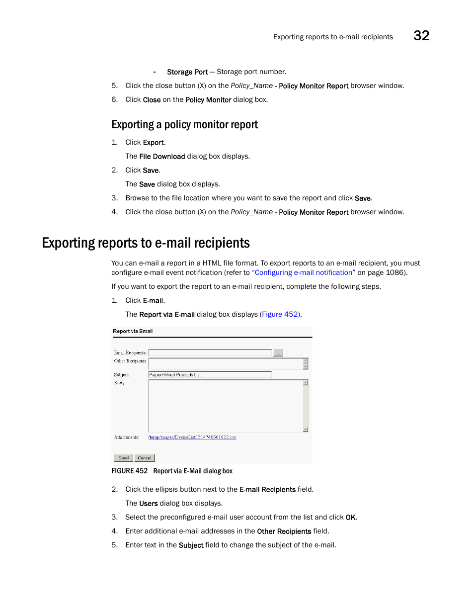 Exporting a policy monitor report, Exporting reports to e-mail recipients | Brocade Network Advisor SAN User Manual v12.1.0 User Manual | Page 1128 / 1690