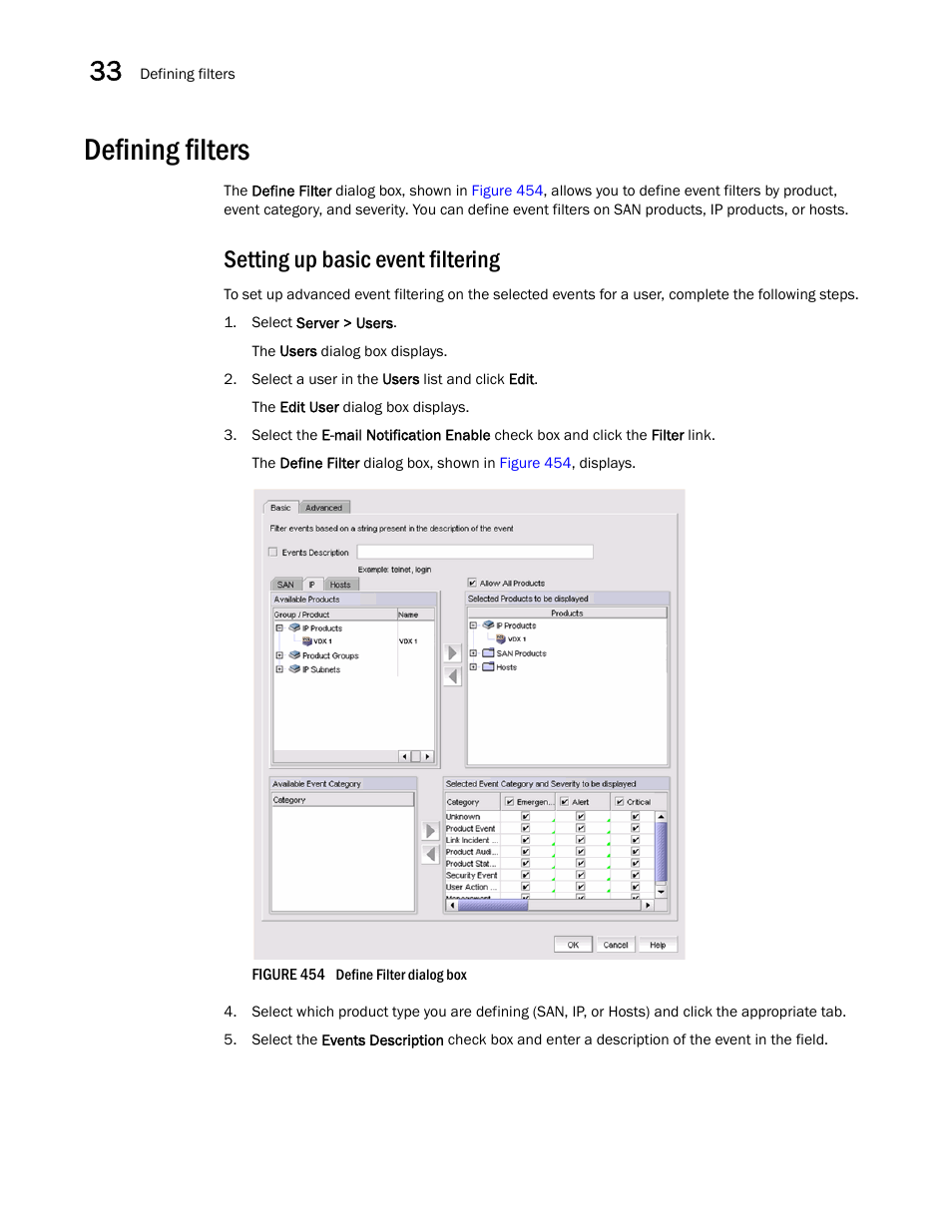 Defining filters, Setting up basic event filtering, Defining filters 8 | Setting up basic event filtering 8, Setting up basic, Event filtering | Brocade Network Advisor SAN User Manual v12.1.0 User Manual | Page 1135 / 1690