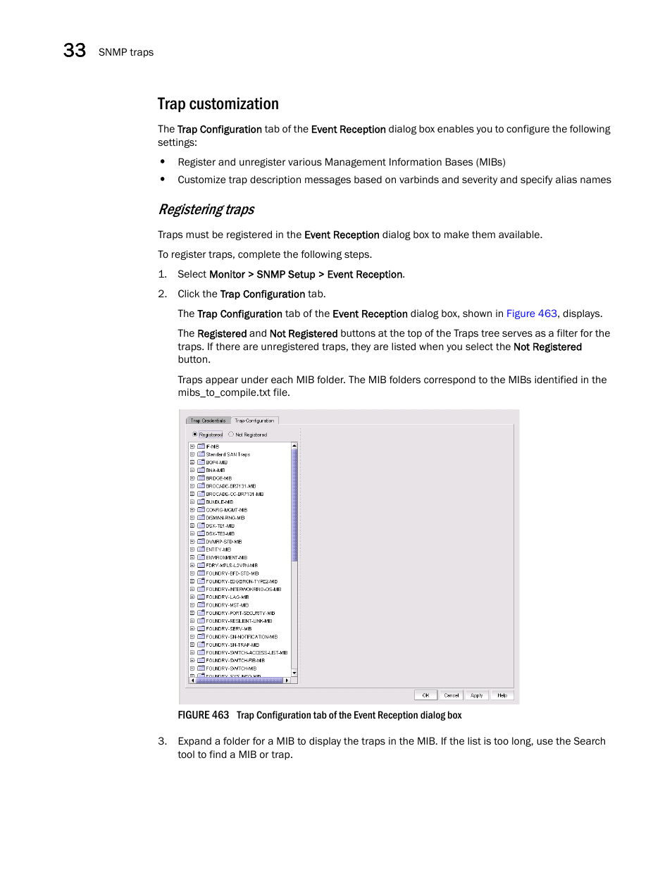 Trap customization, Registering traps | Brocade Network Advisor SAN User Manual v12.1.0 User Manual | Page 1149 / 1690