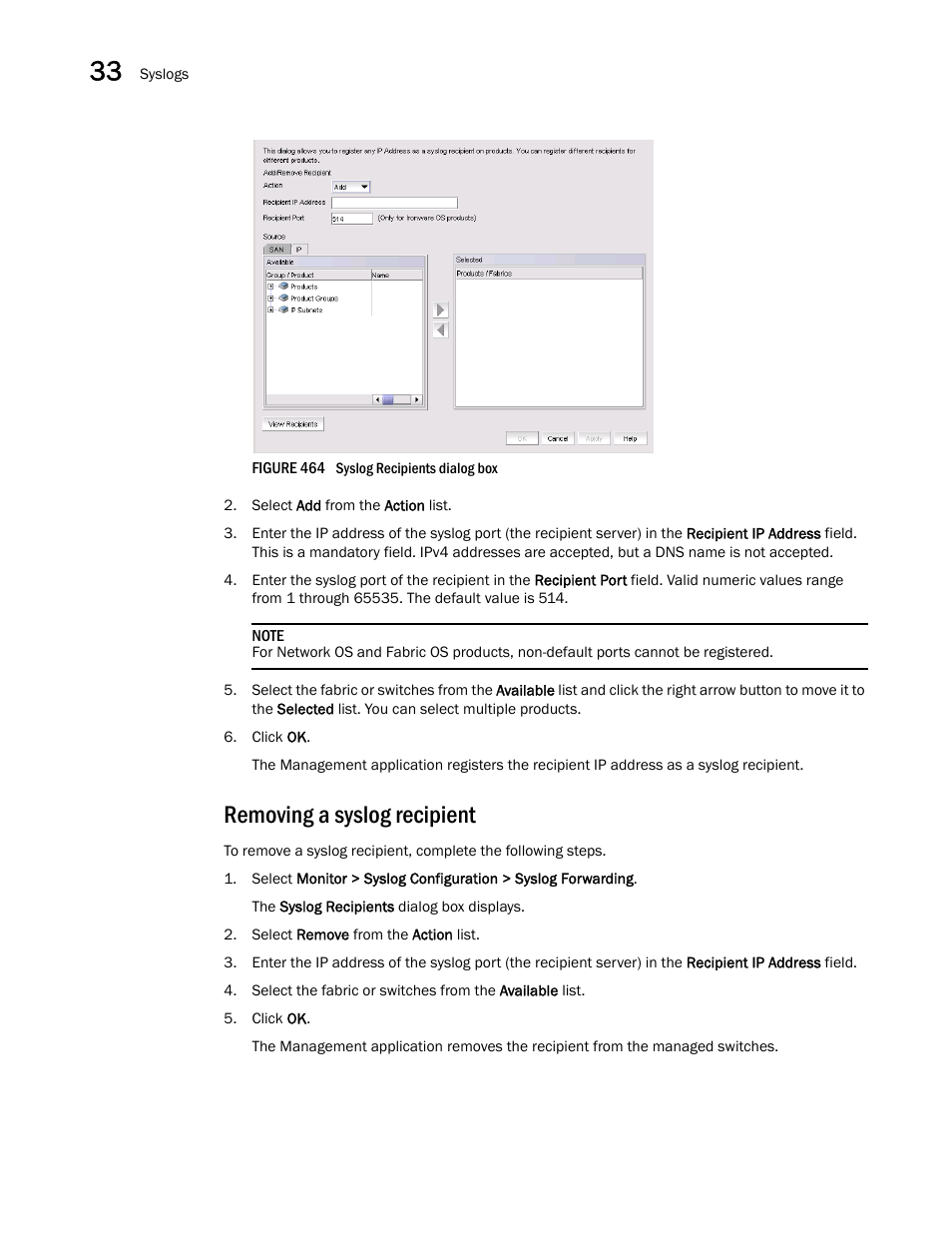 Removing a syslog recipient | Brocade Network Advisor SAN User Manual v12.1.0 User Manual | Page 1153 / 1690