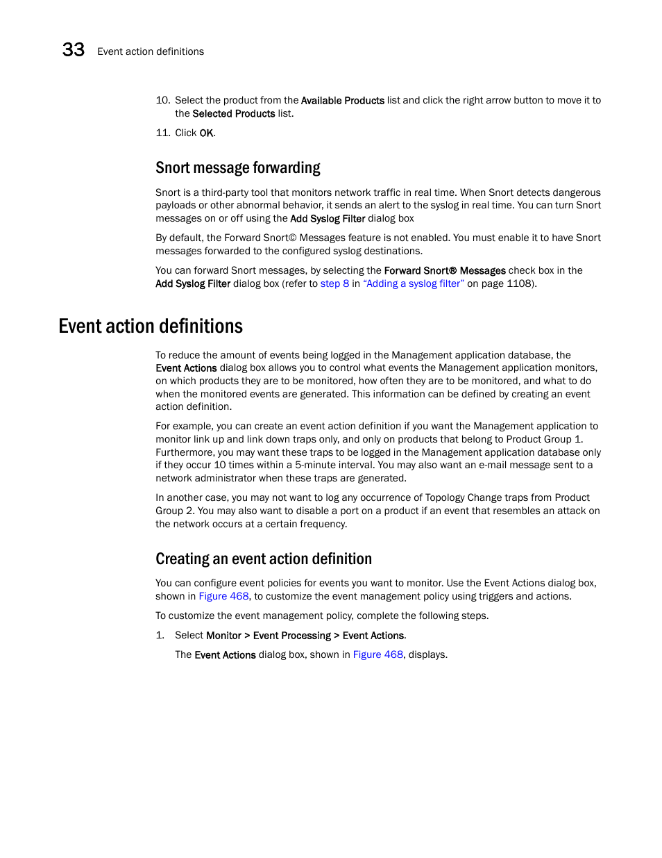 Snort message forwarding, Event action definitions, Creating an event action definition | Creating an, Event action definition, Event action definitions 0 | Brocade Network Advisor SAN User Manual v12.1.0 User Manual | Page 1157 / 1690