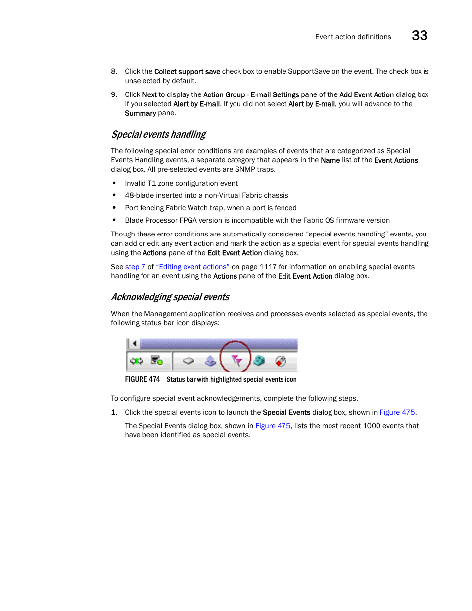 Special events handling, Acknowledging special events | Brocade Network Advisor SAN User Manual v12.1.0 User Manual | Page 1166 / 1690