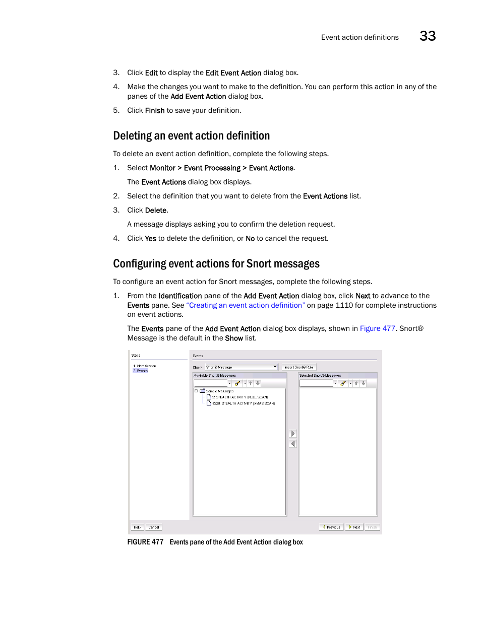 Deleting an event action definition, Configuring event actions for snort messages | Brocade Network Advisor SAN User Manual v12.1.0 User Manual | Page 1170 / 1690