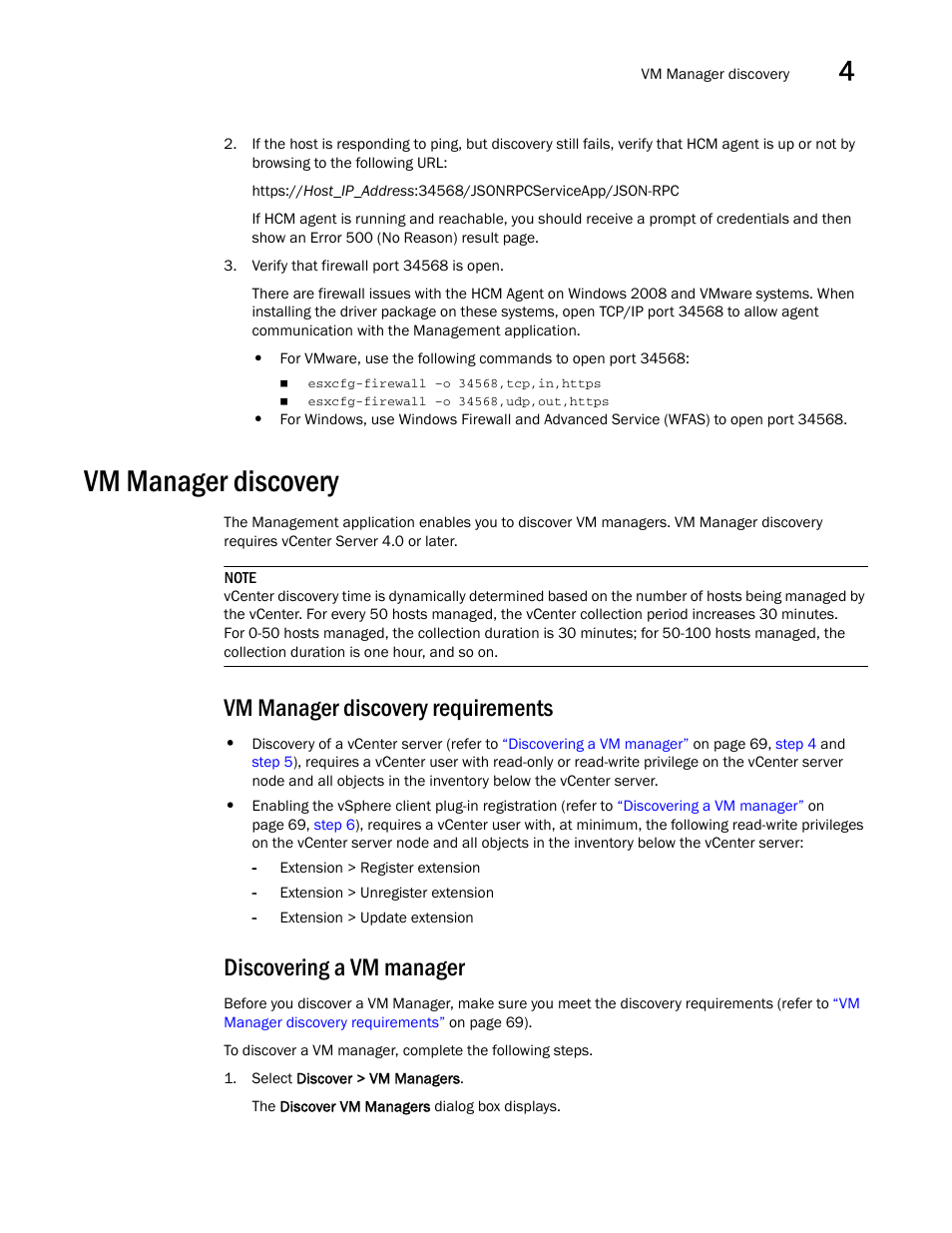 Vm manager discovery, Vm manager discovery requirements, Discovering a vm manager | Brocade Network Advisor SAN User Manual v12.1.0 User Manual | Page 119 / 1690