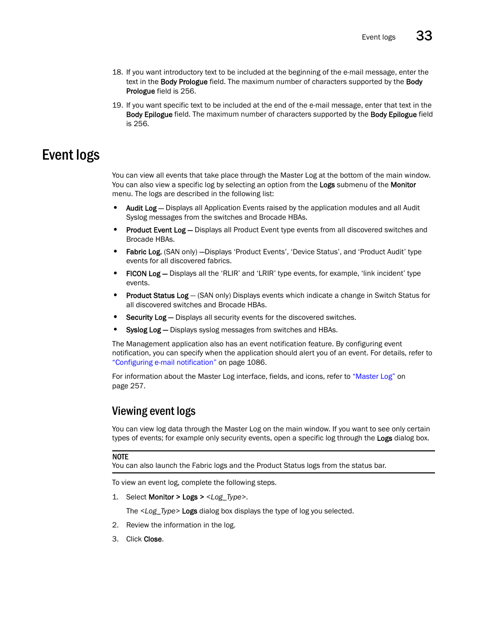 Event logs, Viewing event logs, Event logs 7 | Brocade Network Advisor SAN User Manual v12.1.0 User Manual | Page 1194 / 1690