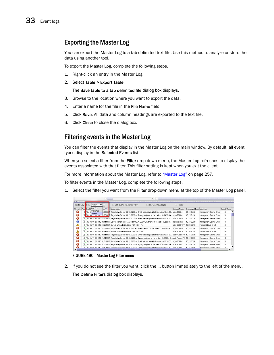 Exporting the master log, Filtering events in the master log | Brocade Network Advisor SAN User Manual v12.1.0 User Manual | Page 1199 / 1690