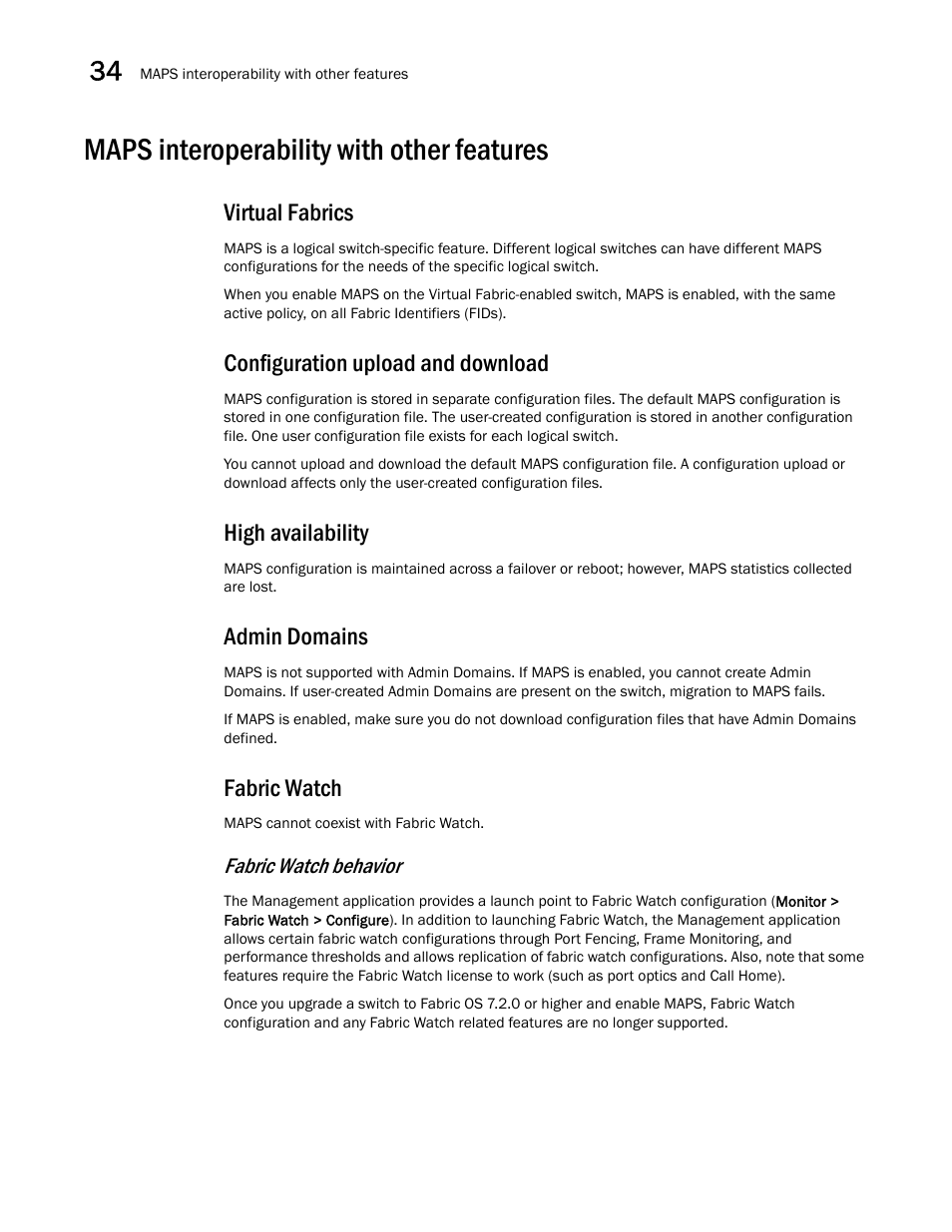 Maps interoperability with other features, Fabric watch, Fabric watch behavior | Maps interoperability with other features 0, Virtual fabrics, Configuration upload and download, High availability, Admin domains | Brocade Network Advisor SAN User Manual v12.1.0 User Manual | Page 1207 / 1690