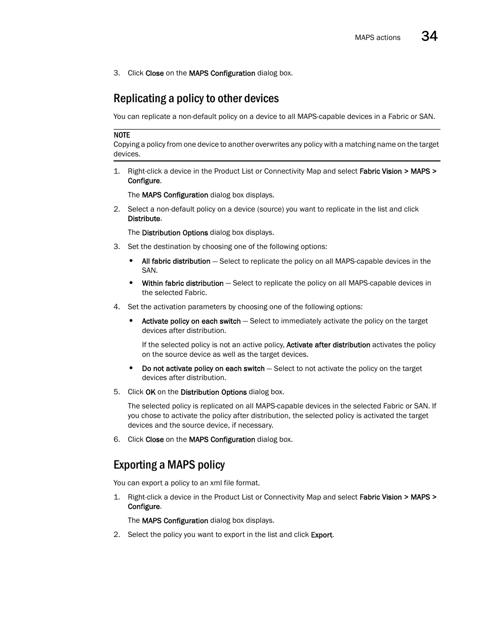 Replicating a policy to other devices, Exporting a maps policy | Brocade Network Advisor SAN User Manual v12.1.0 User Manual | Page 1236 / 1690