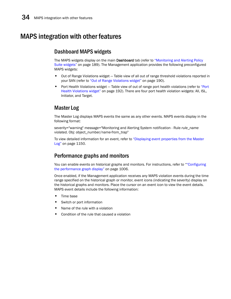 Maps integration with other features, Maps integration with other features 6, Dashboard maps widgets | Master log, Performance graphs and monitors | Brocade Network Advisor SAN User Manual v12.1.0 User Manual | Page 1253 / 1690