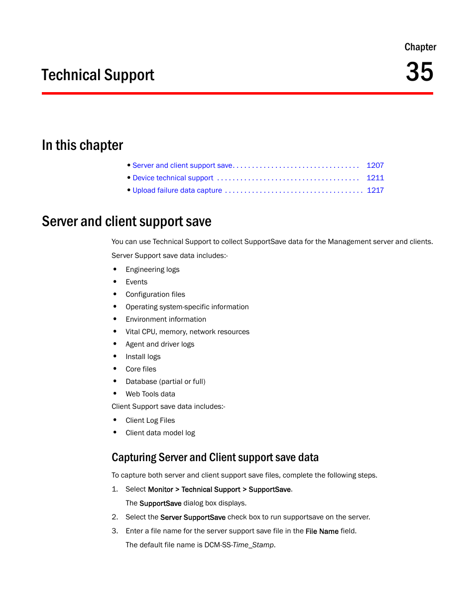 Technical support, In this chapter, Server and client support save | Capturing server and client support save data, Chapter 35, Capturing server and client support save data 7, Chapter 35, “technical support, Ed in | Brocade Network Advisor SAN User Manual v12.1.0 User Manual | Page 1254 / 1690