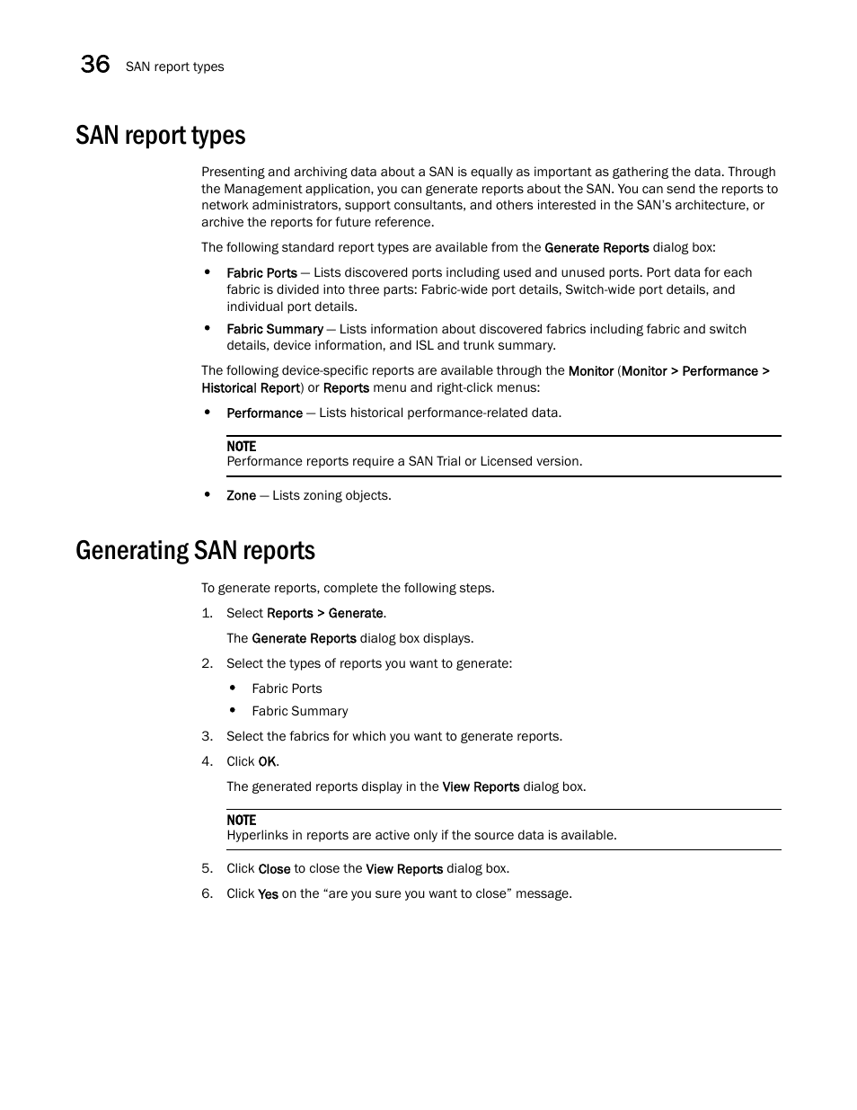 San report types, Generating san reports, San report types 2 | Generating san reports 2 | Brocade Network Advisor SAN User Manual v12.1.0 User Manual | Page 1269 / 1690