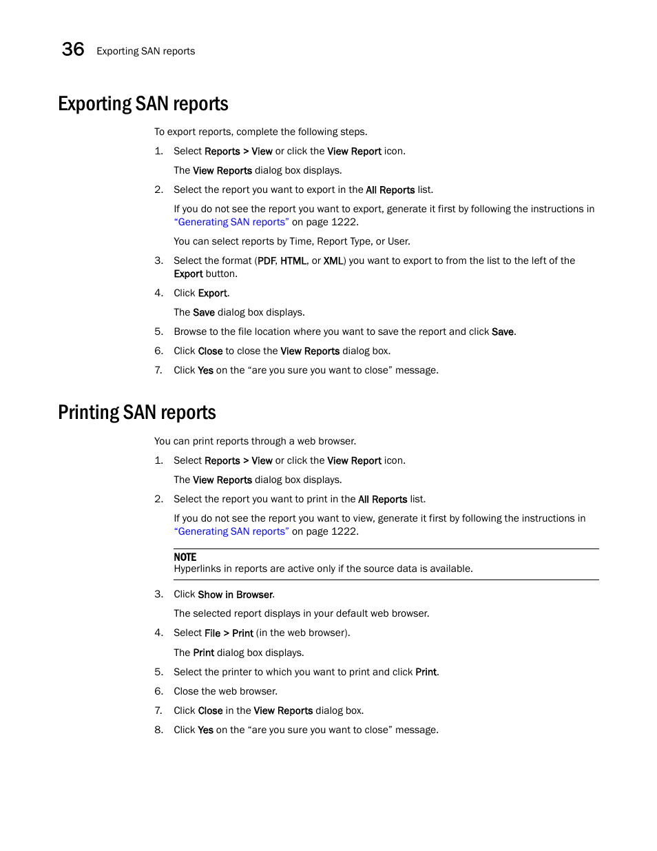 Exporting san reports, Printing san reports, Exporting san reports 4 | Printing san reports 4 | Brocade Network Advisor SAN User Manual v12.1.0 User Manual | Page 1271 / 1690