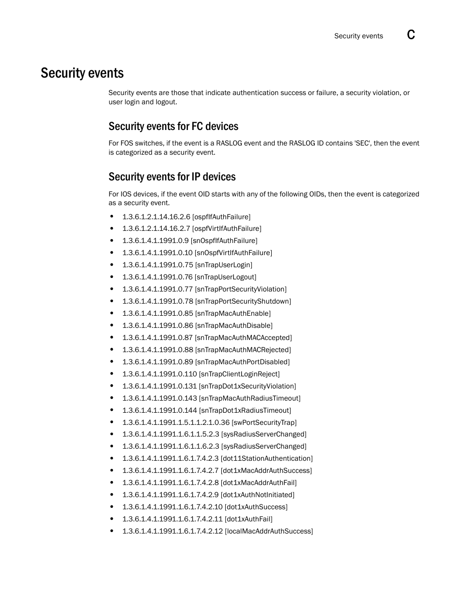 Security events, Security events for fc devices, Security events for ip devices | Security events 1 | Brocade Network Advisor SAN User Manual v12.1.0 User Manual | Page 1308 / 1690