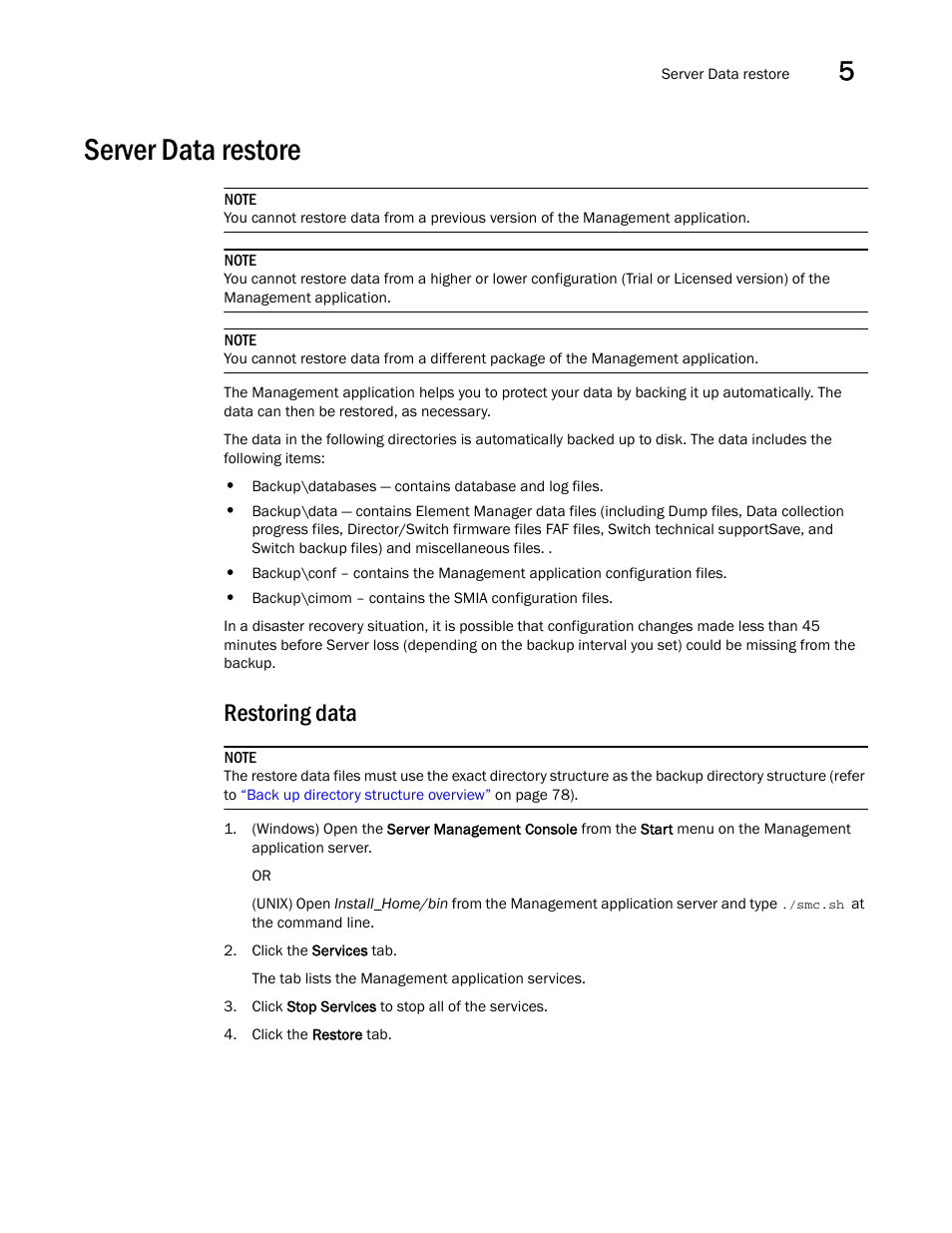 Server data restore, Restoring data | Brocade Network Advisor SAN User Manual v12.1.0 User Manual | Page 133 / 1690