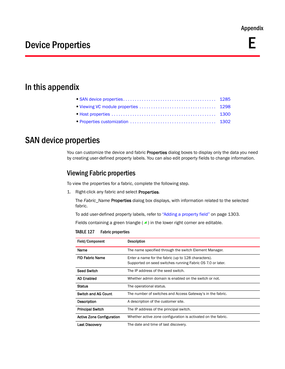 Device properties, San device properties, Viewing fabric properties | Appendix e, Viewing fabric properties 5, Appendix e, “device properties, Appendix | Brocade Network Advisor SAN User Manual v12.1.0 User Manual | Page 1332 / 1690