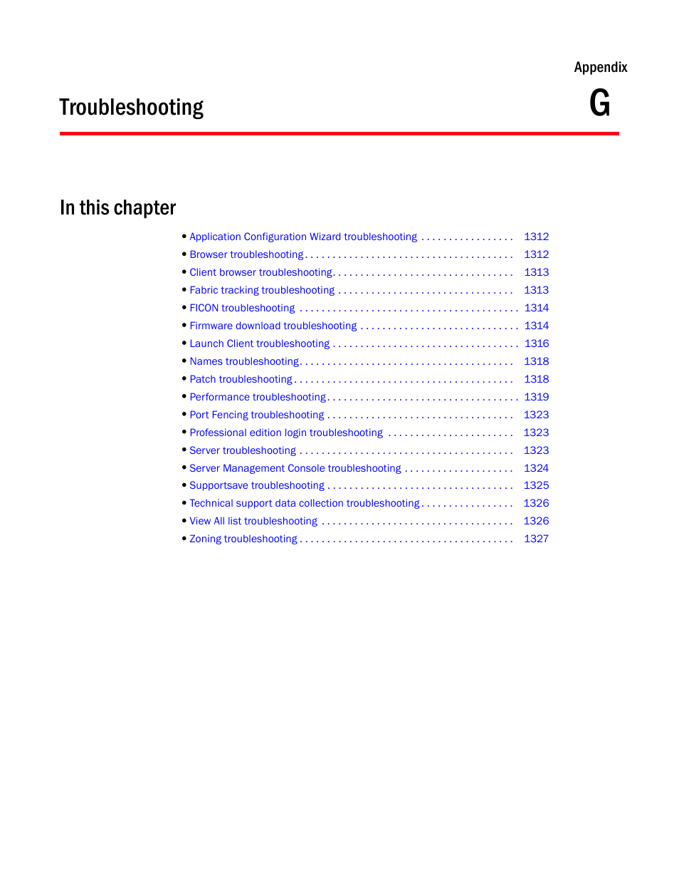 Troubleshooting, In this chapter, Chapter g | Appendix g, “troubleshooting | Brocade Network Advisor SAN User Manual v12.1.0 User Manual | Page 1358 / 1690
