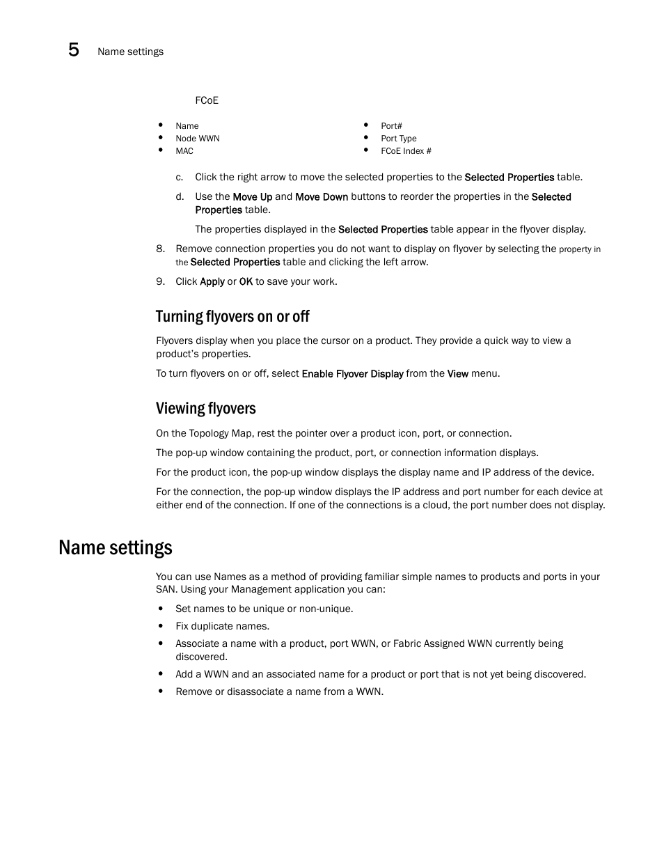 Turning flyovers on or off, Viewing flyovers, Name settings | Brocade Network Advisor SAN User Manual v12.1.0 User Manual | Page 142 / 1690