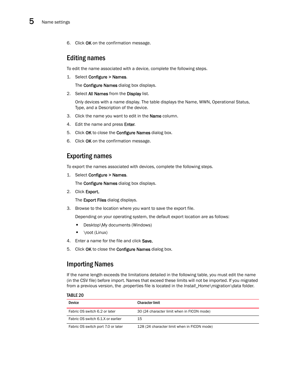 Editing names, Exporting names, Importing names | Importing, Names | Brocade Network Advisor SAN User Manual v12.1.0 User Manual | Page 148 / 1690