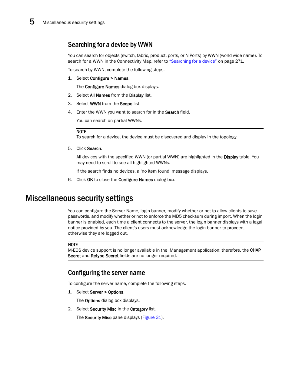 Searching for a device by wwn, Miscellaneous security settings, Configuring the server name | Brocade Network Advisor SAN User Manual v12.1.0 User Manual | Page 150 / 1690