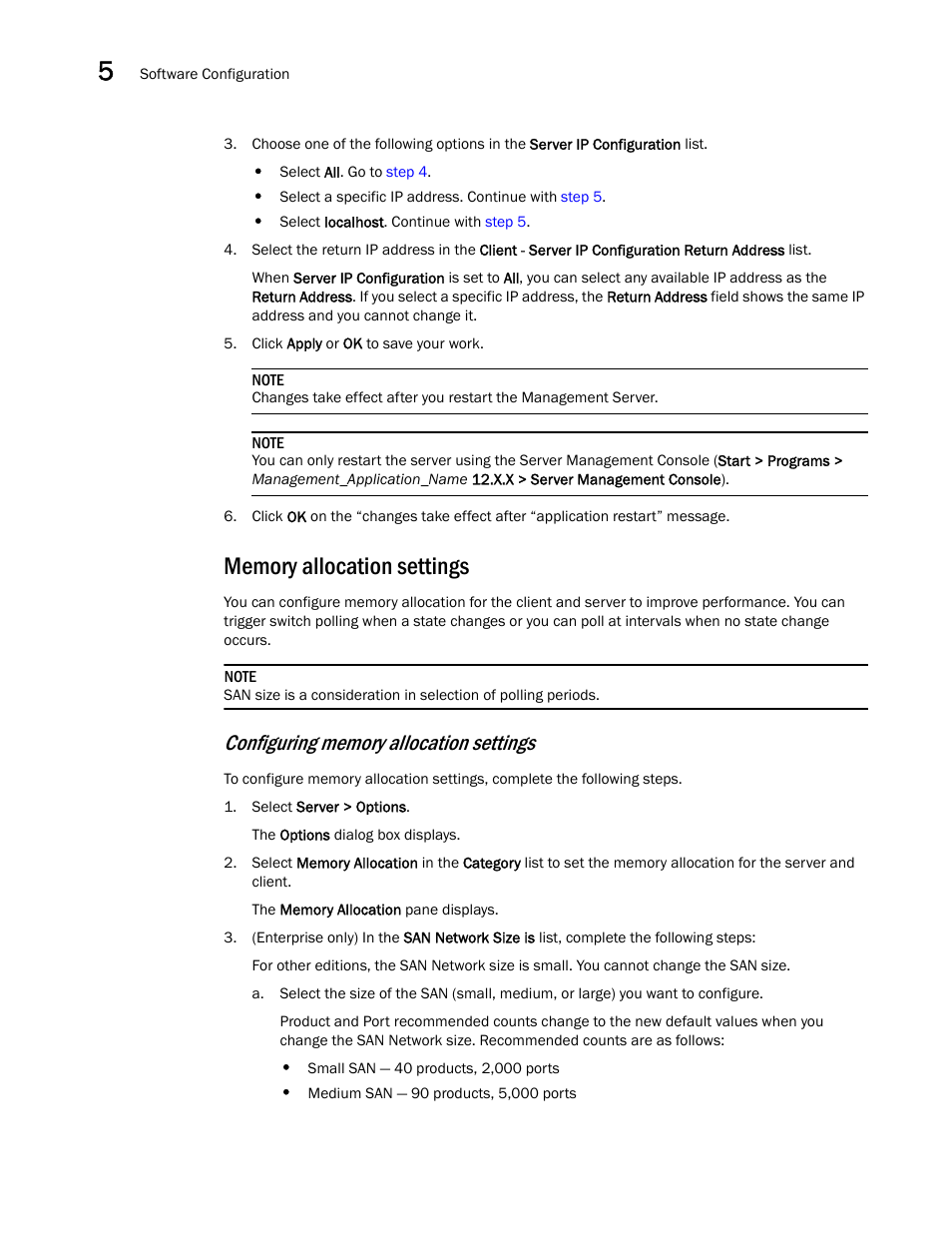 Memory allocation settings, Configuring memory allocation settings | Brocade Network Advisor SAN User Manual v12.1.0 User Manual | Page 168 / 1690