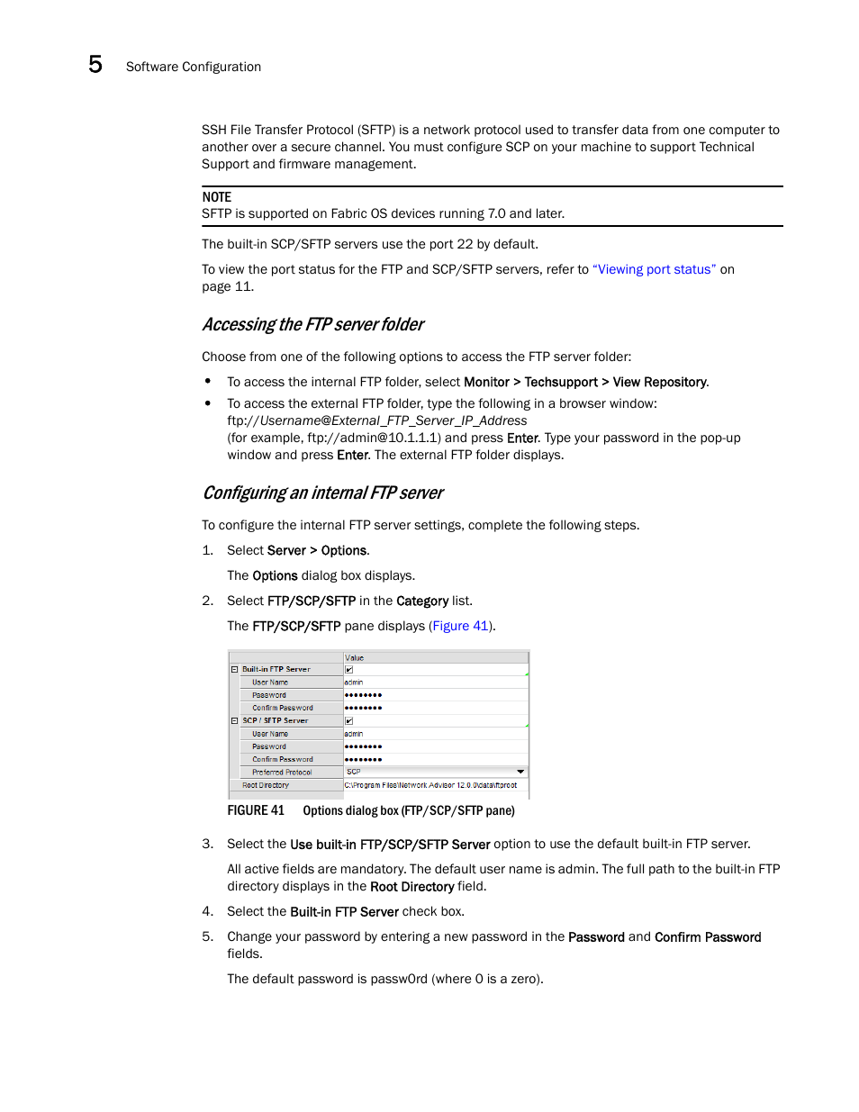 Accessing the ftp server folder, Configuring an internal ftp server | Brocade Network Advisor SAN User Manual v12.1.0 User Manual | Page 174 / 1690