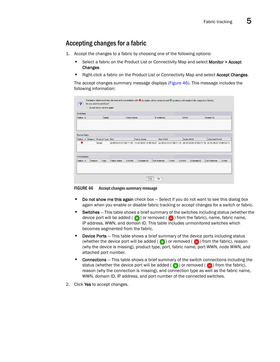 Accepting changes for a fabric | Brocade Network Advisor SAN User Manual v12.1.0 User Manual | Page 183 / 1690