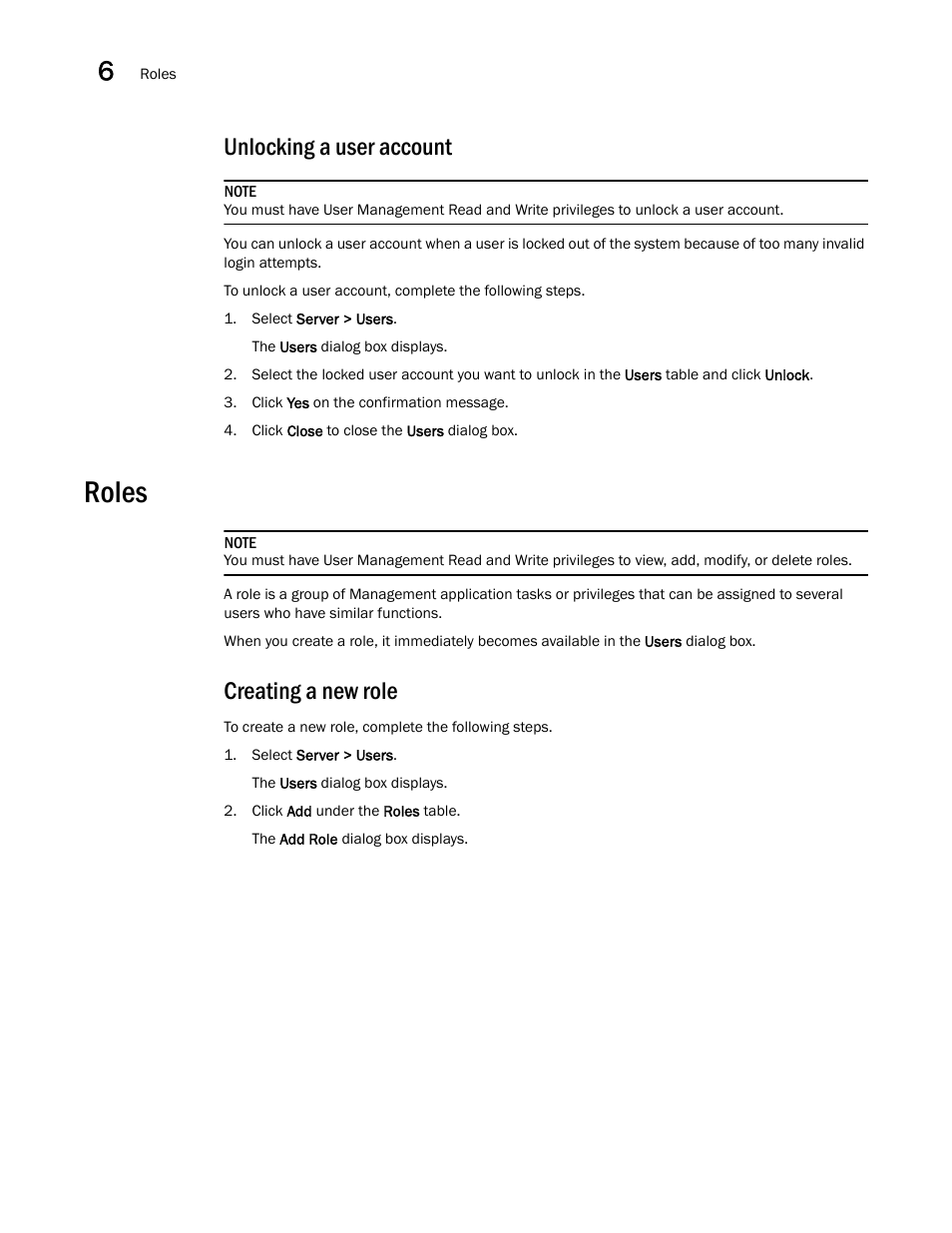 Unlocking a user account, Roles, Creating a new role | Unlocking a, User account | Brocade Network Advisor SAN User Manual v12.1.0 User Manual | Page 196 / 1690