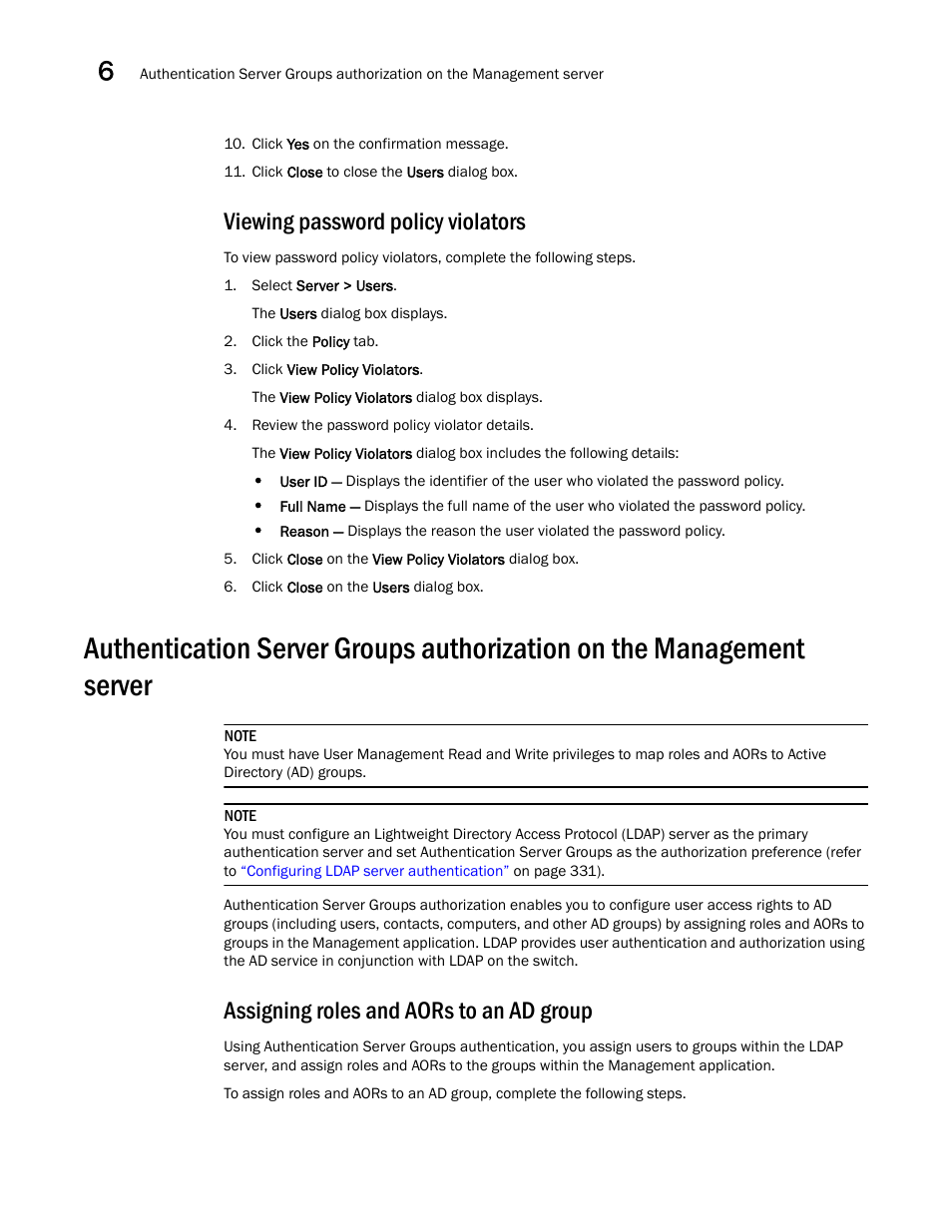 Viewing password policy violators, Assigning roles and aors to an ad group | Brocade Network Advisor SAN User Manual v12.1.0 User Manual | Page 206 / 1690