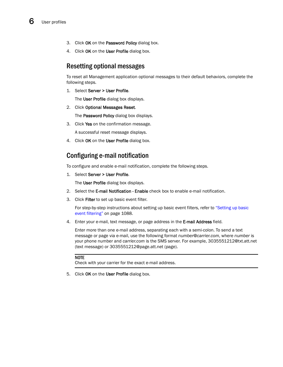 Resetting optional messages, Configuring e-mail notification | Brocade Network Advisor SAN User Manual v12.1.0 User Manual | Page 214 / 1690
