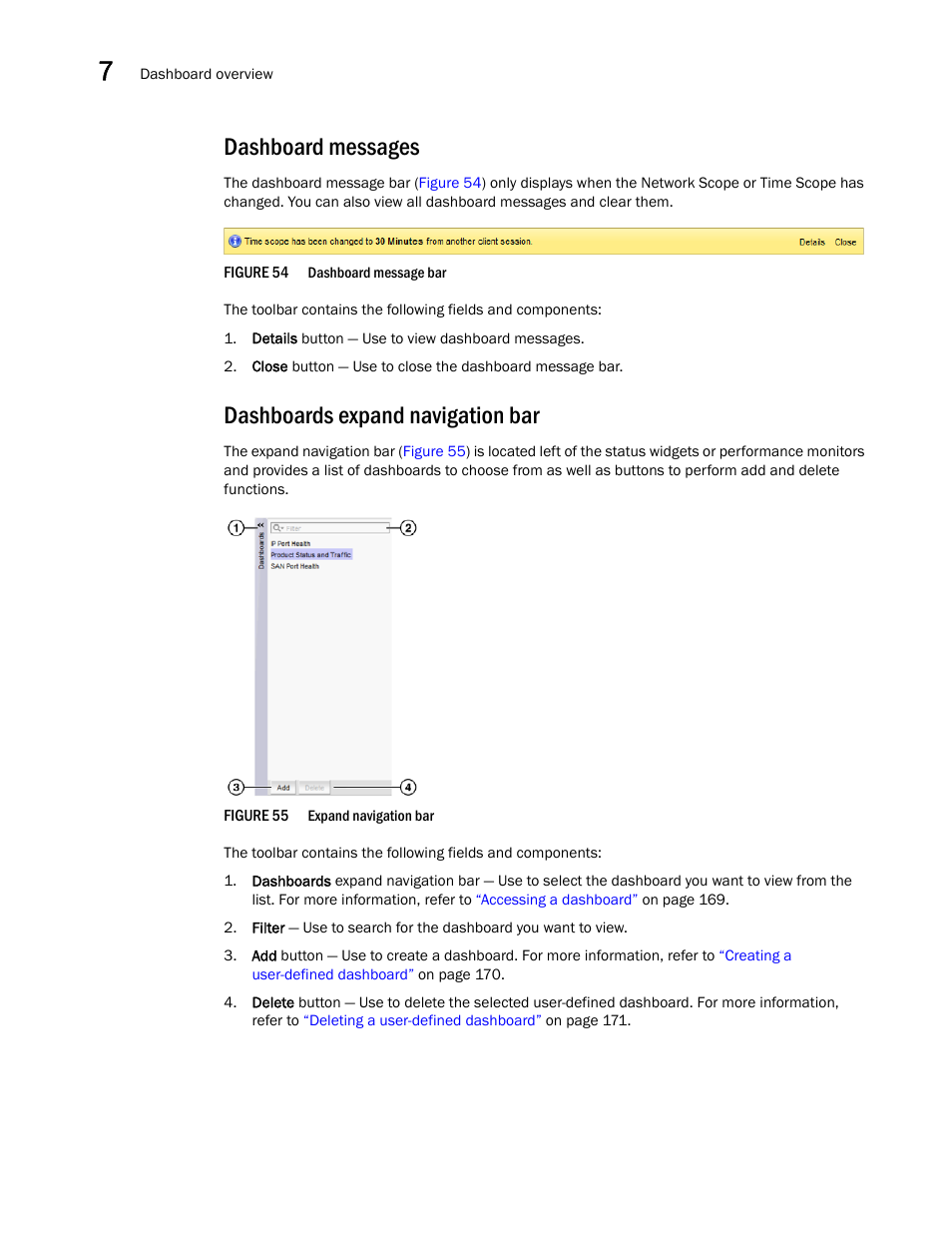 Dashboard messages, Dashboards expand navigation bar, Dashboards | Expand navigation bar | Brocade Network Advisor SAN User Manual v12.1.0 User Manual | Page 218 / 1690