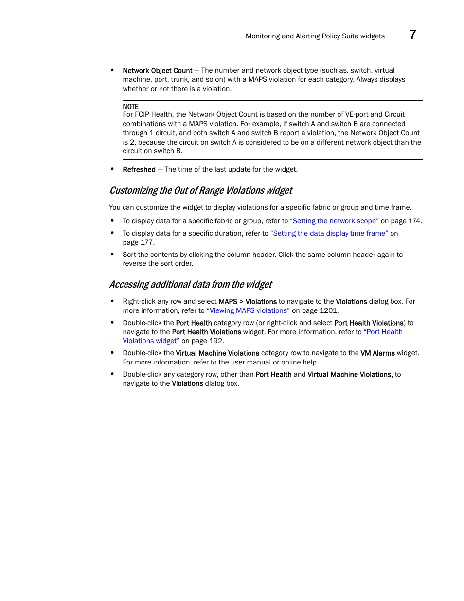 Customizing the out of range violations widget, Accessing additional data from the widget | Brocade Network Advisor SAN User Manual v12.1.0 User Manual | Page 241 / 1690