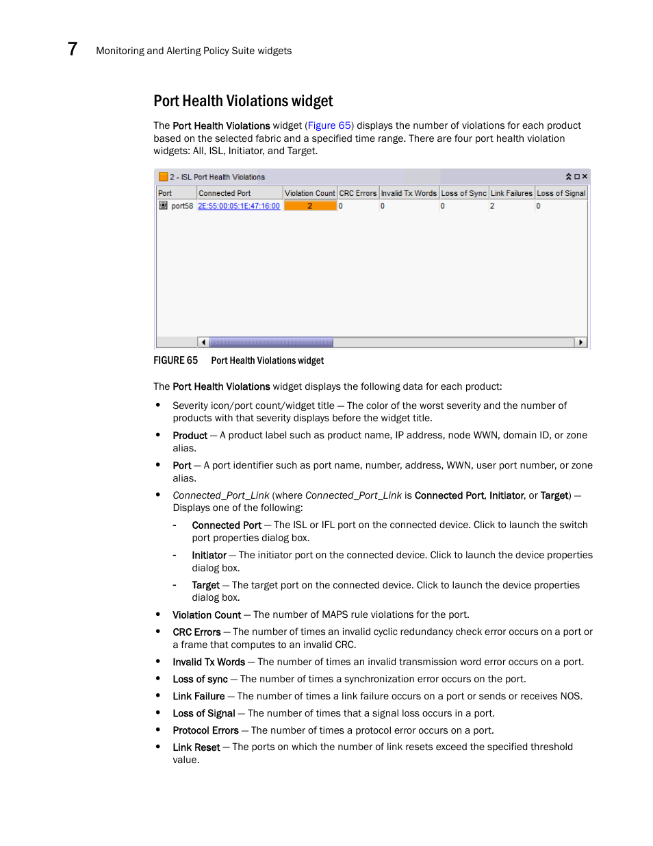 Port health violations widget, Port health, Violations widget | Brocade Network Advisor SAN User Manual v12.1.0 User Manual | Page 242 / 1690