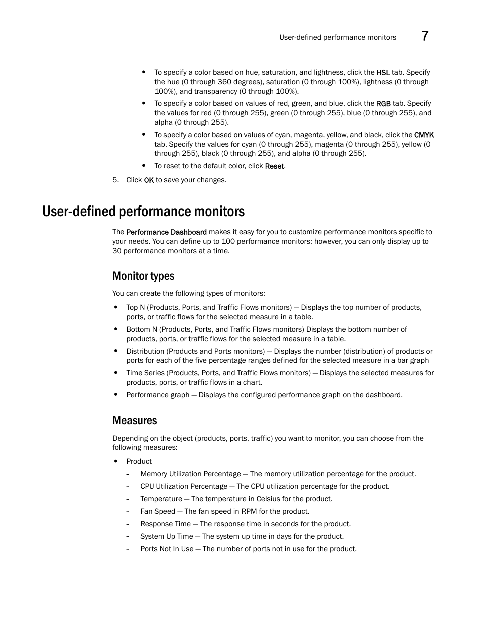 User-defined performance monitors, Monitor types, Measures | Monitor types measures | Brocade Network Advisor SAN User Manual v12.1.0 User Manual | Page 271 / 1690