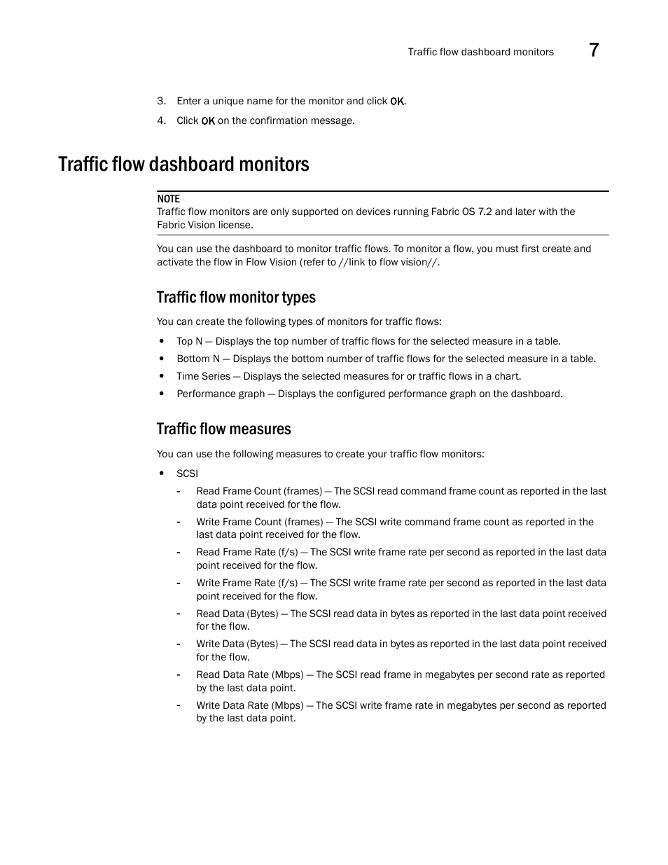 Traffic flow dashboard monitors, Traffic flow monitor types, Traffic flow measures | Traffic flow monitor types traffic flow measures | Brocade Network Advisor SAN User Manual v12.1.0 User Manual | Page 289 / 1690