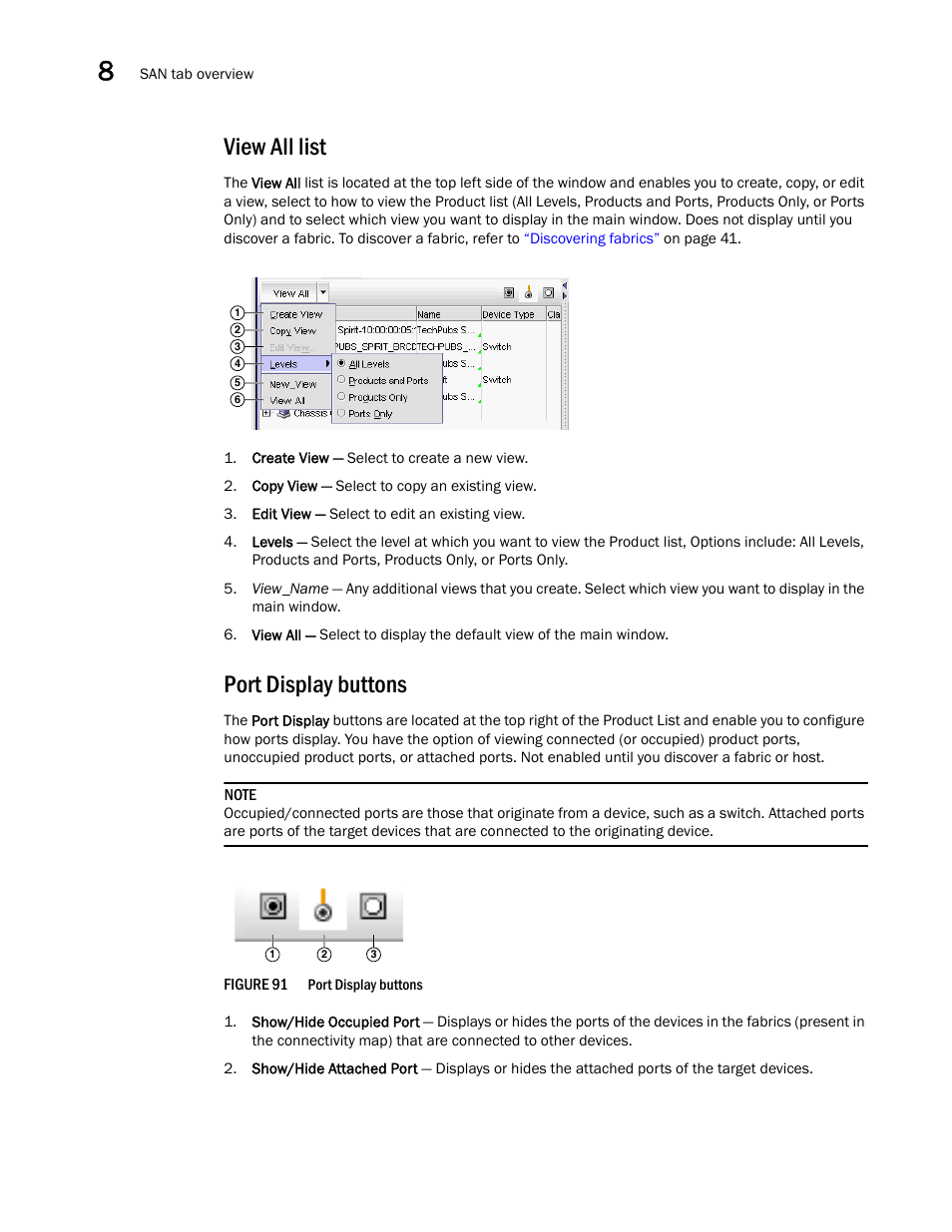 View all list, Port display buttons, Port | Display buttons | Brocade Network Advisor SAN User Manual v12.1.0 User Manual | Page 302 / 1690