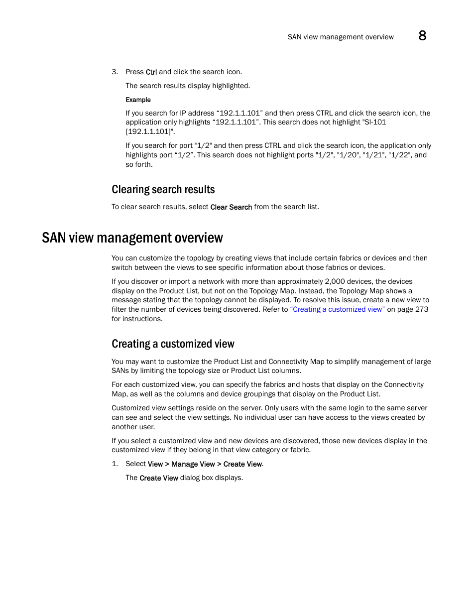 Clearing search results, San view management overview, Creating a customized view | Brocade Network Advisor SAN User Manual v12.1.0 User Manual | Page 323 / 1690