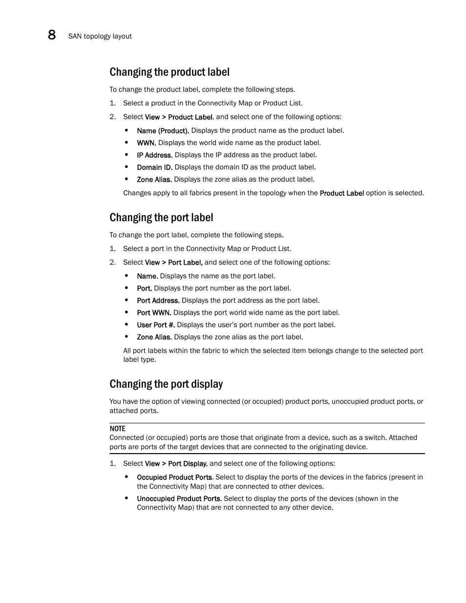Changing the product label, Changing the port label, Changing the port display | Brocade Network Advisor SAN User Manual v12.1.0 User Manual | Page 332 / 1690