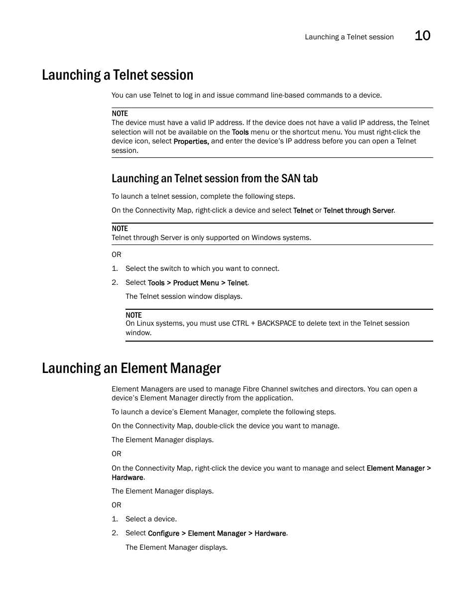 Launching a telnet session, Launching an telnet session from the san tab, Launching an element manager | Brocade Network Advisor SAN User Manual v12.1.0 User Manual | Page 359 / 1690
