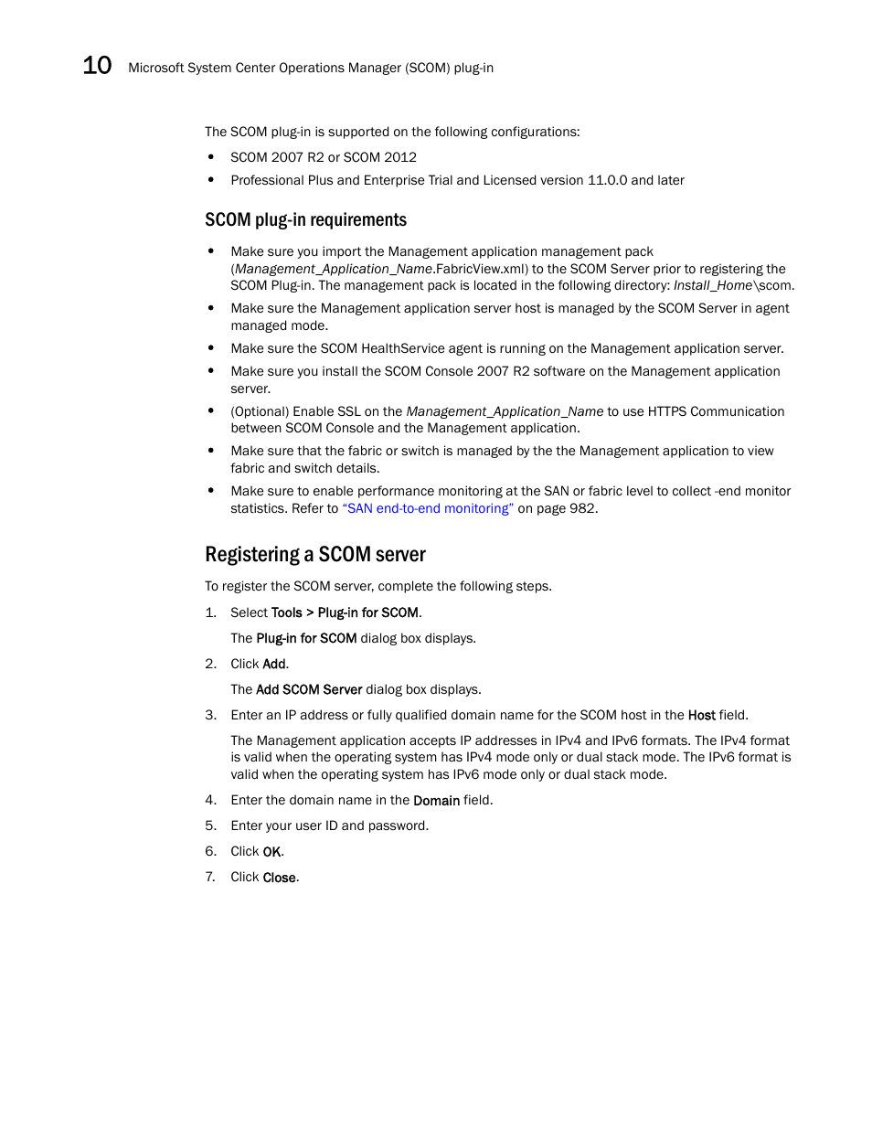 Registering a scom server, Scom plug-in requirements | Brocade Network Advisor SAN User Manual v12.1.0 User Manual | Page 370 / 1690