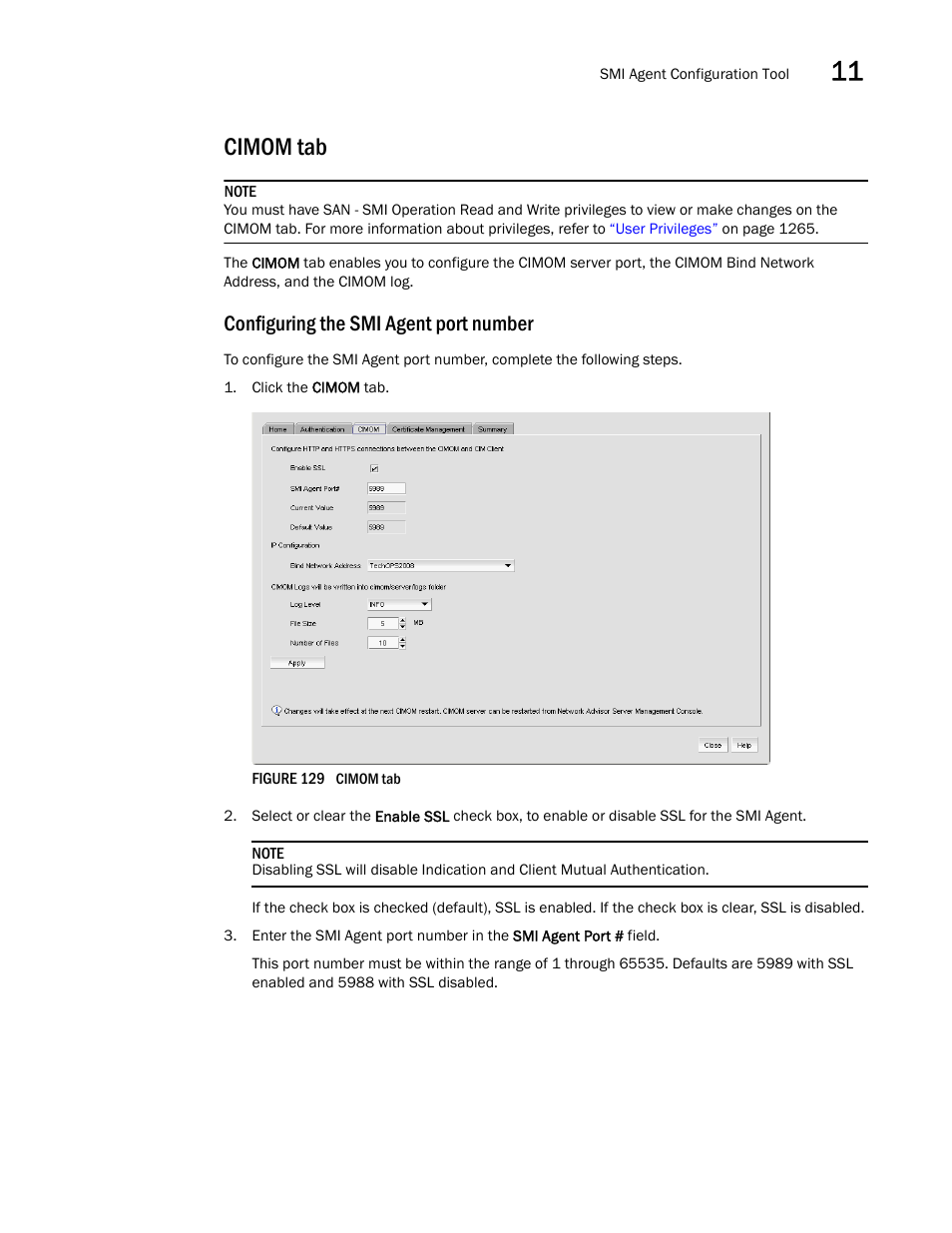 Cimom tab, Configuring the smi agent port number, Enables y | Brocade Network Advisor SAN User Manual v12.1.0 User Manual | Page 405 / 1690