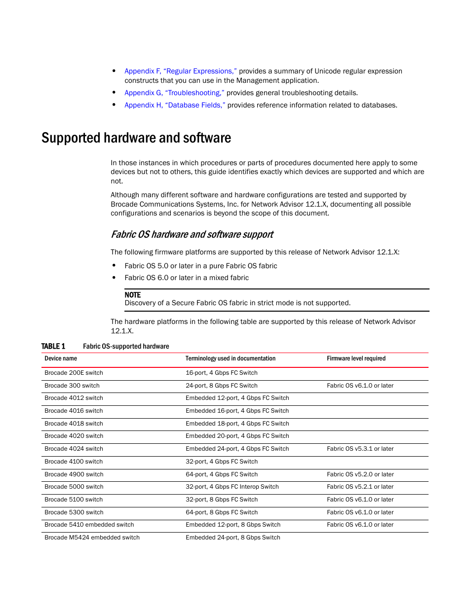 Supported hardware and software, Fabric os hardware and software support | Brocade Network Advisor SAN User Manual v12.1.0 User Manual | Page 41 / 1690