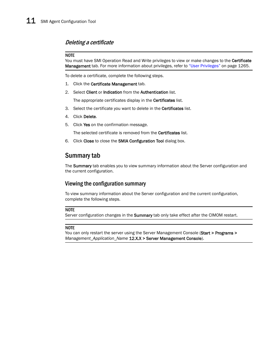 Summary tab, Viewing the configuration summary, Enables y | Deleting a certificate | Brocade Network Advisor SAN User Manual v12.1.0 User Manual | Page 410 / 1690