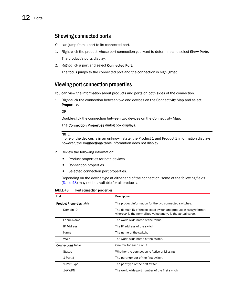 Showing connected ports, Viewing port connection properties | Brocade Network Advisor SAN User Manual v12.1.0 User Manual | Page 446 / 1690