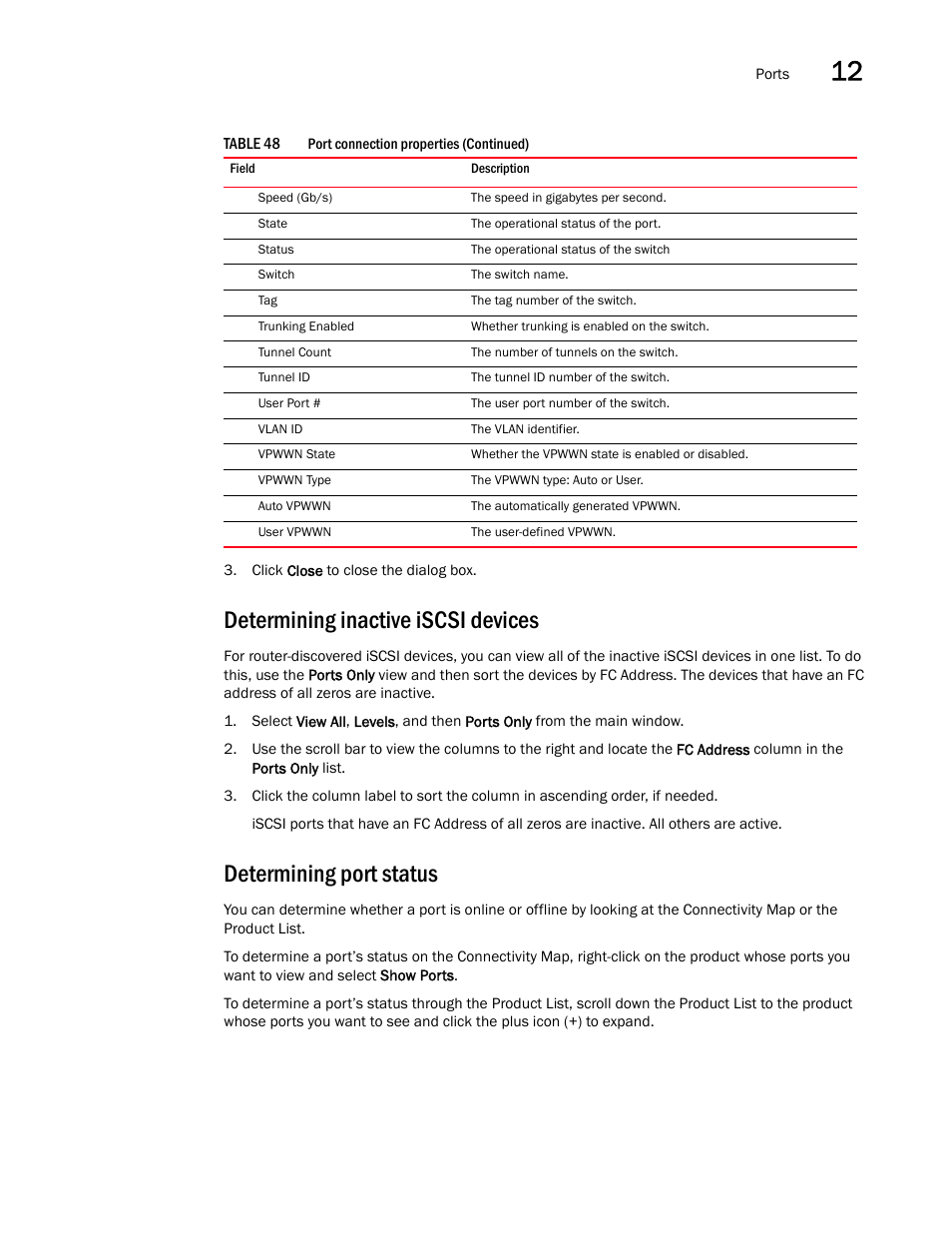 Determining inactive iscsi devices, Determining port status | Brocade Network Advisor SAN User Manual v12.1.0 User Manual | Page 449 / 1690