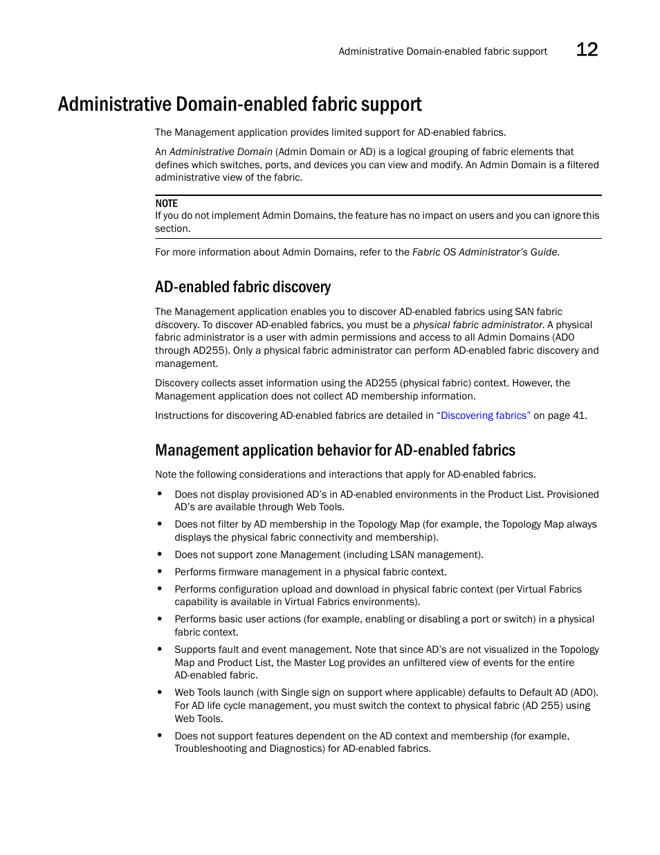 Administrative domain-enabled fabric support, Ad-enabled fabric discovery | Brocade Network Advisor SAN User Manual v12.1.0 User Manual | Page 463 / 1690