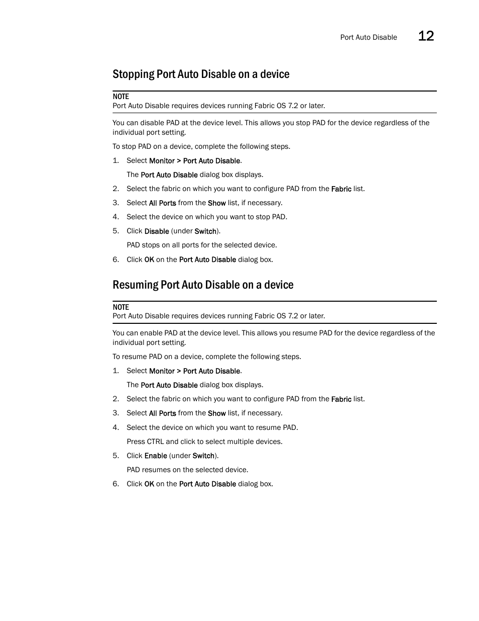 Stopping port auto disable on a device, Resuming port auto disable on a device | Brocade Network Advisor SAN User Manual v12.1.0 User Manual | Page 471 / 1690